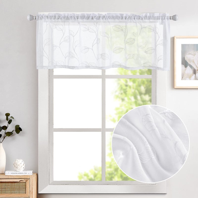 Topick White Sheer Leaf Curtain Kitchen Valance for Windows Leaf Embroidered Voile Small Curtain Valance Semi Sheer Farmhouse Curtain 18 Inch Rod Pocket 1 Panel White - Image 2